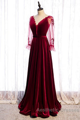Wine Red Velvet Long Party Dresses Evening Prom Dresses, A-Line Long Sleeves Formal Dresses